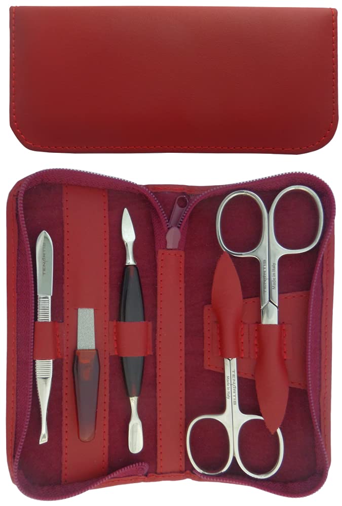Set Manicure 5 Pezzi in Vera Pelle Bordeaux con Cerniera - Tenartis 345 Made in Italy