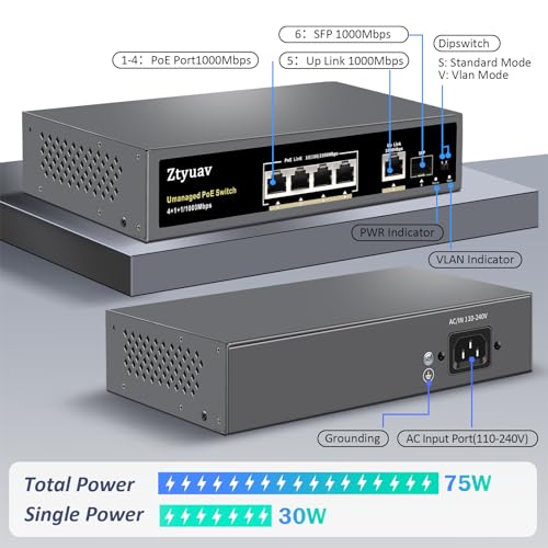 Image of 6-Port Full Gigabit Unmanaged PoE Switch with 4 PoE+ Ports @75W, 1 Uplink and 1 SFP Slot-IEEE802.3af /at, PD Auto-Detection, VLAN Mode, 6KV Protection, Metal Fanless Plug and Play