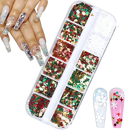 Christmas Nail Art Glitters, Christmas Tree Snowflake Nail Sequins, 3D Mixed Snowflake Tree Heart Star Butterfly Circle Nail Sparkly Flakes Design For Women Manicure Holiday Nail Art Decoration #TOP3