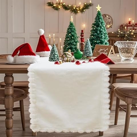 Baccessor Christmas Faux Fur Table Runner Winter White Snow Fur Dressing Table Runners Dresser Cover Coffee Table Center Decoration for Kitchen Home Dinning Party Holiday Indoor Outdoor 13x108 Inch Cover