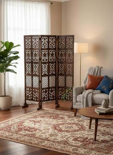 Image of Wooden Room Divider Screen | Hand Carved Partition Panel for Living Room Bedroom Office Hallway | Foldable Privacy Separator Three Panels with Stands | Home Decor Accent