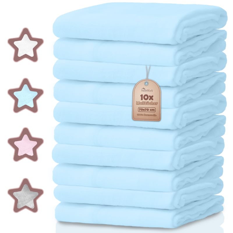 NatureMark 10er-Pack Baby-Mulltücher – 100% Baumwolle – weiche und saugfähige Tücher für Stillen & Babypflege, Windeln, Pucktücher & Waschlappen – Hellblau, 70x70 cm