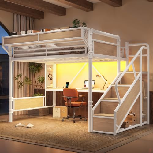 Image of Bellemave Queen loft Bed with Storage Stairs, Wardrobe, Shelves, Metal Queen Loft Bed Frame for Adults, Kids, Teens, White+Natural Wood with Stairs