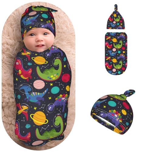 Image of Newborn Swaddle Blanket Dinosaur in Space Baby Sleep Sack with Beanie Set Soft Stretch Adjustable Wraps Receiving Blankets for Infant Boy Girl