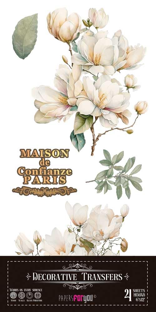 Papers For You - Trasferimenti decorativi per artigianato e mobili/adesivi di trasferimento decorativo/15 x 30 cm 6"x 12" 4 fogli (Magnolie)