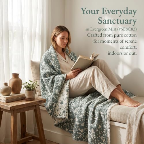 Image of Queen 100% Cotton Muslin Blanket with Tassel All Seasons Sage Green 4-Layer | Breathable, Soft & Lightweight, Crinkle Texture, for Bed, Couch, Throw, Shawl, for Hot Sleepers, Home Decor