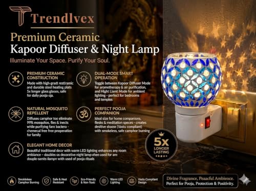 Image of Electric Kapoor Dani with Night Lamp & Camphor Diffuser - Premium Ceramic Dhoop Burner for Pooja, Home & Office. Versatile Electric Aroma Burner for Aromatherapy & Repellent. (Blue)
