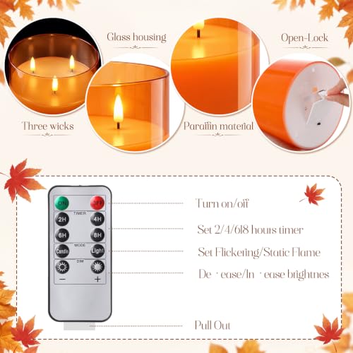Image of Retisee 6'' x 6'' Extra Large Flameless Candles, 3 Wick Glass Large Fall Candles with Remote Control and Timer Function, Real Wax LED Pillar Flickering for Autumn Party Decor(Classic,Orange,1 Pcs)