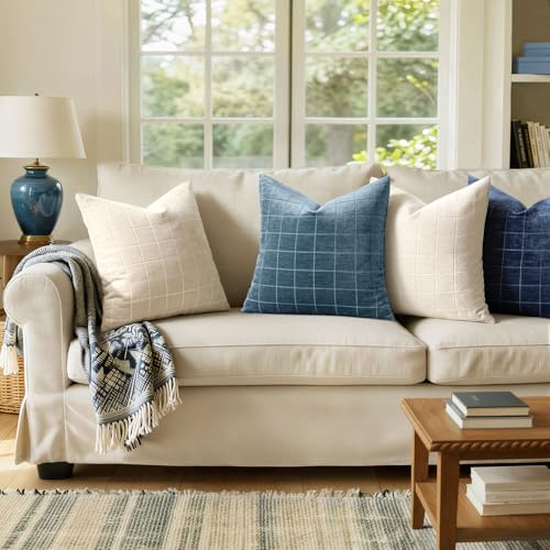 Image of MIULEE Blue Plaid Decorative Throw Pillow Covers 20x20 Set of 2 | Vintage Check Chenille Couch Pillows Neutral Boho Farmhouse Cushion Covers Modern Home Decor for Sofa Bed Living Room