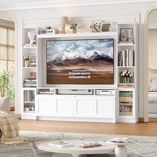 FACBOTALL 79 W Entertainment Center with Bookshelves & Storage Cabinet Modern Wall Unit TV Stand for TVs up to 60 Large TV Console with LED Lights for Living Room White
