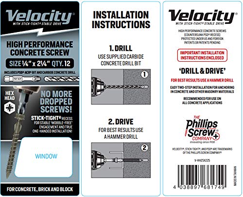 Vista 5 de Velocity Juego de tornillos para hormigón Incluye 12 tornillos para hormigón de alto rendimiento, 1 broca PSD ACR y 1 broca de hormigón de carburo