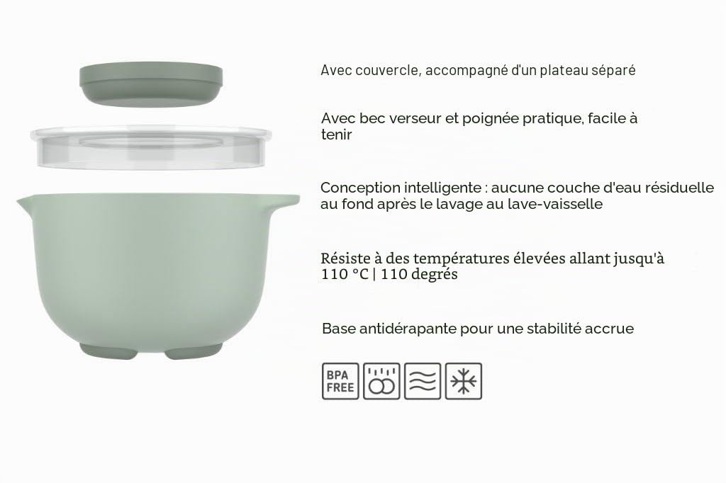 Mepal - 102306094700 - Bol de Préparation plus Couvercle Chef It, Base Antidérapante, Résiste au Micro-Ondes et au Lave-Vaisselle 3000 ml, Nordic Sage