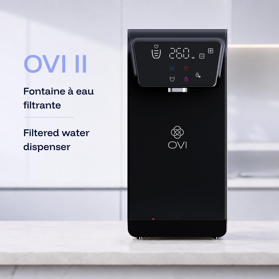 OVI II Distributeur d’Eau Chaude, Froide & Tempérée Instantané | Fontaine à Eau Filtrée 4 Étapes Anti-Bactéries & PFAS | Connexion Directe | Idéal Famille & Bébé | Noir