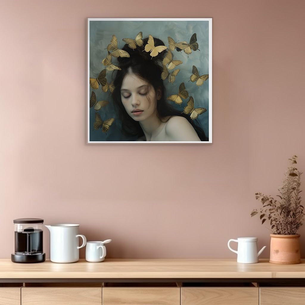 Canvas for Living room. Enchantment Underwater: A Serene Dream with Golden Butterflies Surrounding a Peaceful Dreamer, 27 x 18 inch Canvas Wall Art - Watercolor Painting - Inspirational Office Decor