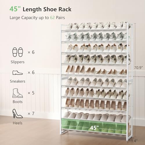 Image of Nunsino Shoe Rack, Long Shoe Organizer,Max Holds 62 Pairs,10 Tier Metal Shoe Storage Shelf,5-Tier Stackable Shoes Organizer for Garage, Entryway,White