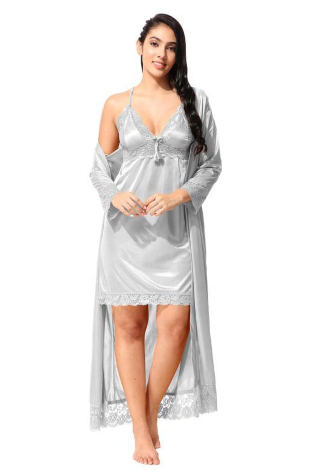 Satin 2 Pic Nighty and Robe (Free Size, Grey)-image-45
