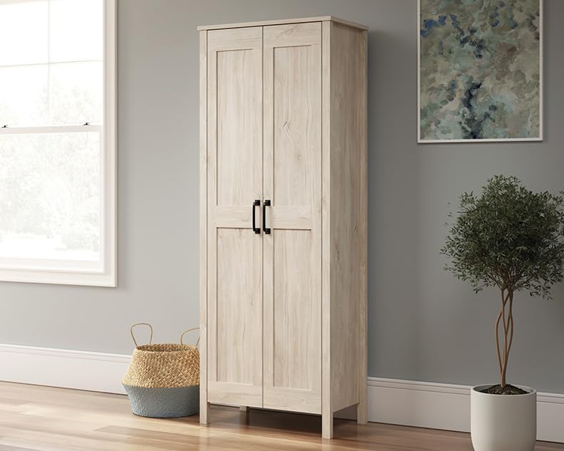 Image of Sauder 2-Door Storage Cabinet, Tall Wooden Organizer, in a Chalk Oak Finish