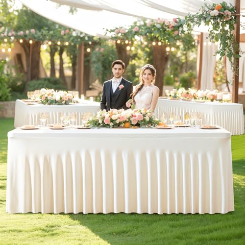 Image of Besutolife Ivory Table Skirt 8ft Spandex Tablecloth for Rectangle Table Banquets Parties Wedding Dining Table 8ft