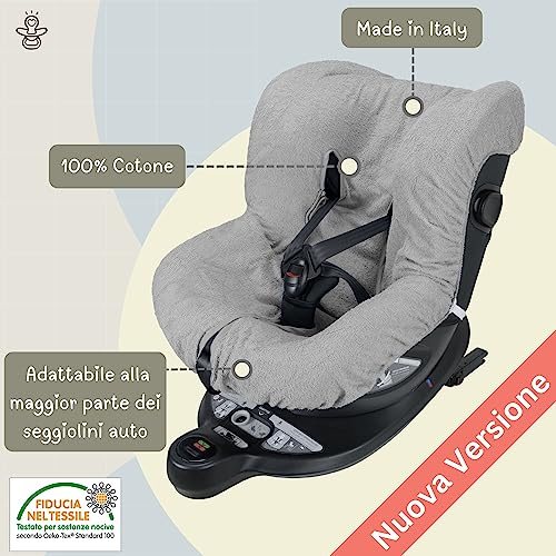 Babysanity® Universelle weiche Autositzbezüge 0/18 Doppelter Frottee-Baumwoll-Sitzbezug 100% waschbare Baumwolle Made in Italy Grau