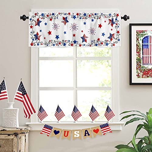 Onehoney Patriotic Stars Window Curtain Valance,4Th Of July Memorial Day Red Blue White Usa Flag Star Swirling Stripe Rod Pocket Short Kitchen Valances Panel Drape For Cafe Bathroom Bedroom 54X18In #TOP16