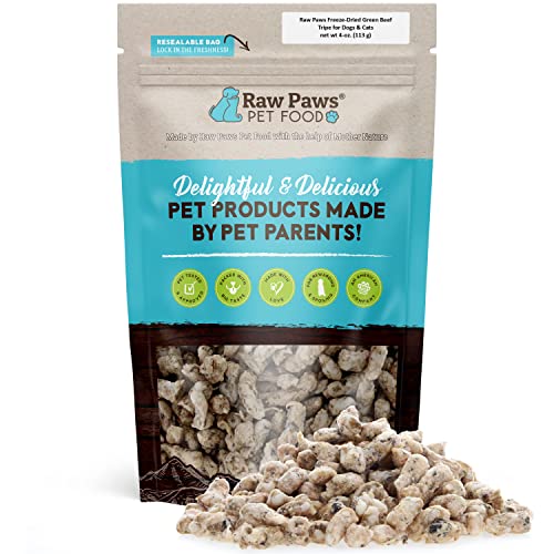 Raw Paws Pet Free-Range Freeze Dried Beef Green Tripe Dog Treats & Cat Treats, 4-oz - Made in USA - Raw Beef Tripe for Dogs Freeze Dried to Preserve Raw Nutrition - Grass-Fed Cows - Grain & Wheat Free