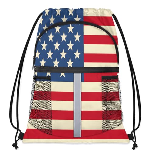 American USA Flag Drawstring Backpack with Water Bottle Pocket Lightweight String Bag 4th of July Sports Gym Swim Sackpack for Men Women