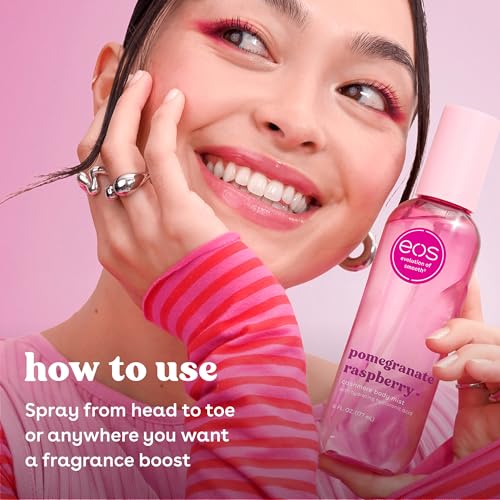 Image of eos Cashmere Body Mist, Pomegranate Raspberry, body spray for women, hair mist, fruity, moisturizing, hyaluronic acid, glycerin, vegan, cruelty-free, 6 fl oz
