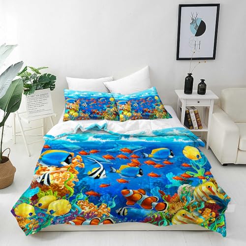 ANHOPE Housse de Couette Océan Tropical Poisson 140x200 cm avec 1 Taies d'oreiller 65x65 cm Doux Microfibre Parure de Lit avec Fermeture Éclair 2 Pièces Literie pour...