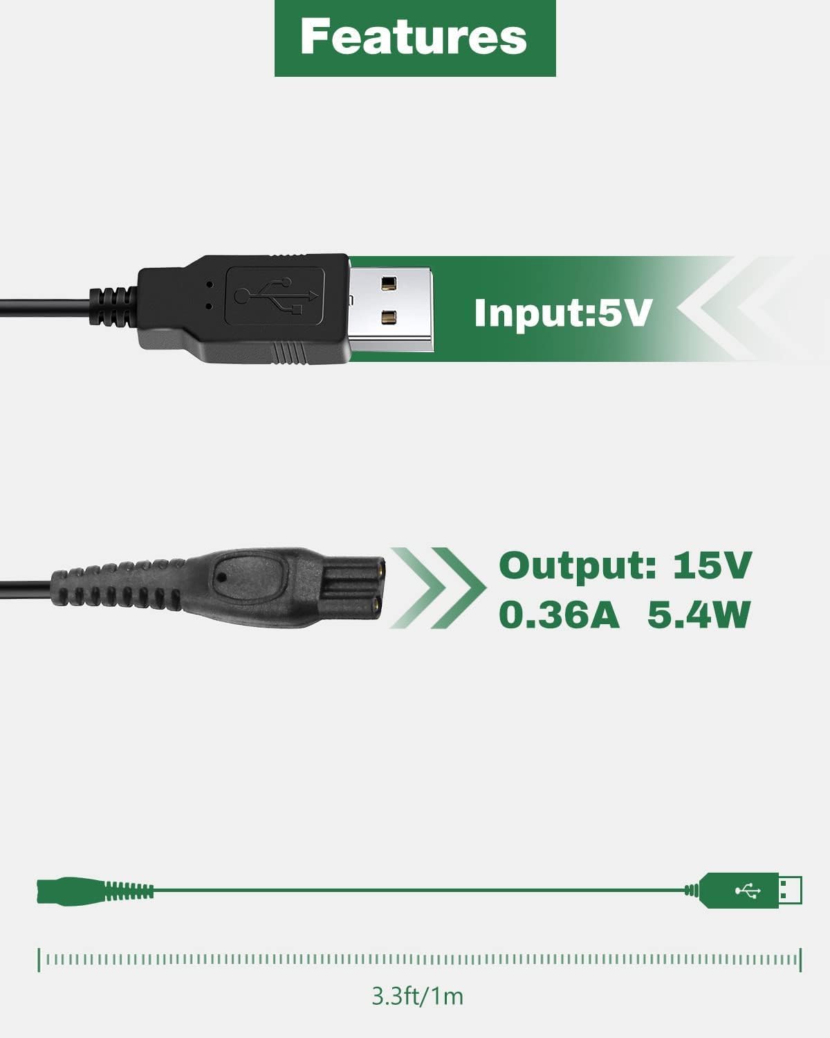15V USB Charging Replacement Cable for Philips HQ8505 2300 7000 5000 3000 Series 3500 mg5750 mg7750 S1560 Electric Shaver Razor Multigroom Beard Trimmer — Amazon image 3
