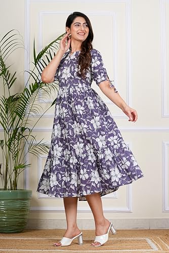 Image of Monique Brand Women's /Girls Cotton Kurta for Women Floral Printed Regular Fit Anarkali Kurta ||Floral Flared Western Dress