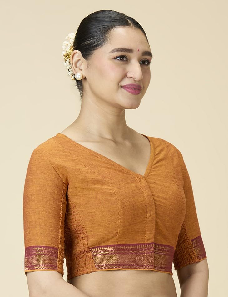 Image of Studio Shringaar Women's Handloom Cotton Stretchable (Smocked) Saree Blouse with Temple Zari Border