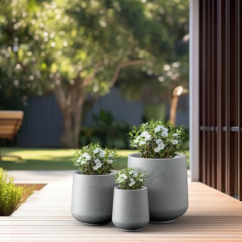 Image of Kante Set of 3 Pale Gray Concrete Curved Round Planters for Modern Home | Handcrafted, Premium, Durable, All-Weather Cement Pot, Drainage for Outdoor, Rubber Plug for Indoor Home, Anti-Frost & UV