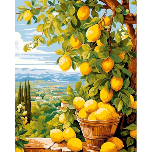 Image of Clendo Lemon Paint by Numbers Kits for Adults, DIY Lemon Tree Adult Paint by Number Kits on Canvas, Digital Oil Number Painting for Home Decor (16x20 Inch)