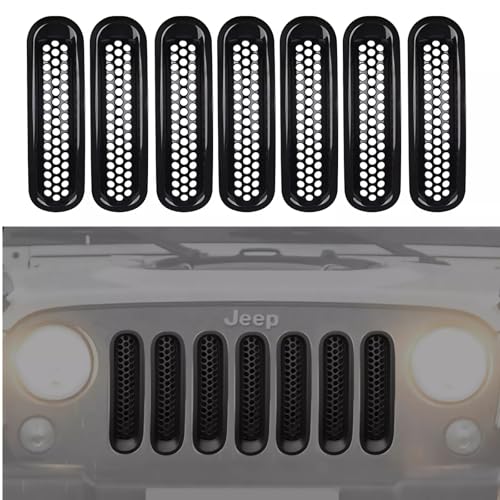 Image of Black Front Grille Mesh Insert Kit Compatible with 2007-2018 Jeep Wrangler JK /JKU - Circular Vented Guard to Boost Style & Radiator Protection, 7PCS