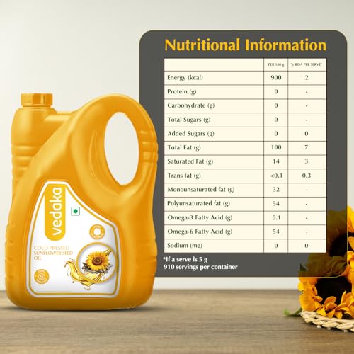 Image of Amazon Brand - Vedaka Cold Pressed Sunflower Oil 5L | Suitable For Cooking & Frying | Contains Mufa & Omega - 6 Pufa | Contains Natural Antioxidants And For All Types Of Cuisines
