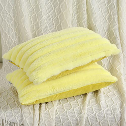 FUTEI Yellow Striped Decorative Throw Pillow Covers 12x20 Inch Set of 2,Rectangle Fall Decorations Couch Lumbar Pillowcase,Soft Cozy Faux Rabbit Fur & Velvet Back,Modern Home Decor for Bed