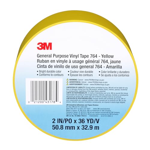Image of 3M Vinyl Tape 764, General Purpose, 2 in x 36 yd, Yellow, 1 Roll, Light Traffic Floor Marking Tape, Social Distancing, Color Coding, Safety, Bundling