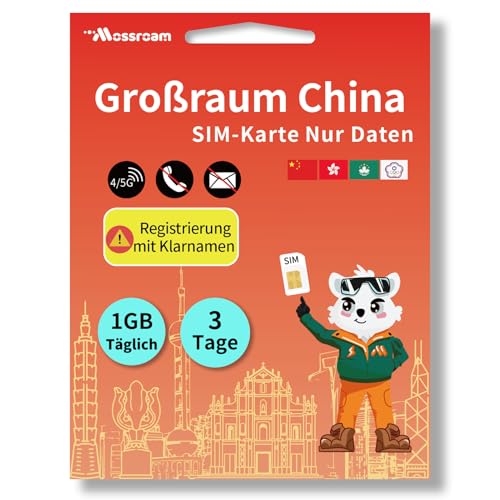 SIM-Karte für Großchina – Prepaid-Datentarife für China, Hongkong, Macau, Taiwan | 1 GB Datenvolumen täglich, 3 Tag gültig | Highspeed 4/5G LTE | Ideal für Reisende