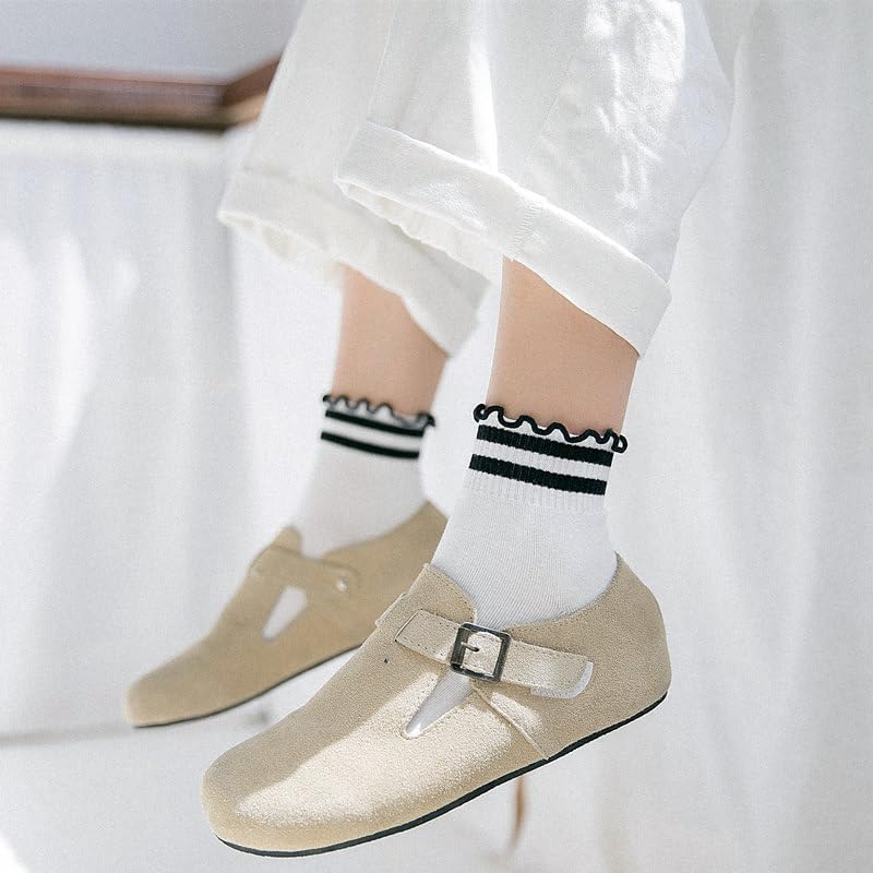 MarJunSep Ruffle Frilly Ankle Socks for Women Teen Girls Cute Crew Socks Striped Dots Heart Ribbed Thin Cotton Socks2