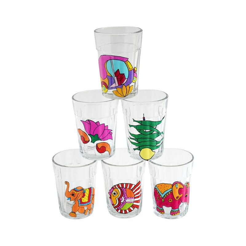 TOPSYTURVY Hand Crafted & Hand Designed Tapri Tea and Coffee Style Glass (Set of 6, 90ml Each) | Colourful Design Tapri Style Kulhad Cups | Cutting Chai Glasses Set