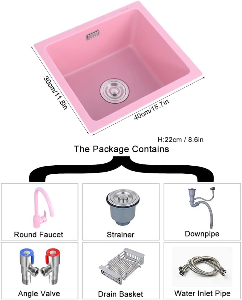 Kitchen Bar Sinks, with Faucet and Strainer Quartz Stbar Sink, Single ​Bowl ​Prep Sink, Drop-In Ordermount Installation/Pink~A/40 * 30Cm