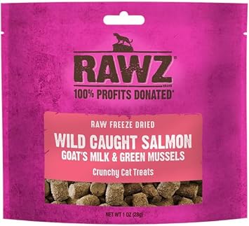 Rawz Raw Freeze Dried Wild Caught Salmon, Goats Milk & Green Mussels Crunchy Cat Treats- 1 Ounce Bag