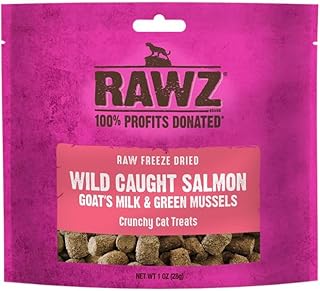 Rawz Raw Freeze Dried Wild Caught Salmon, Goat's Milk & Green Mussels Crunchy Cat Treats- 1 Ounce Bag