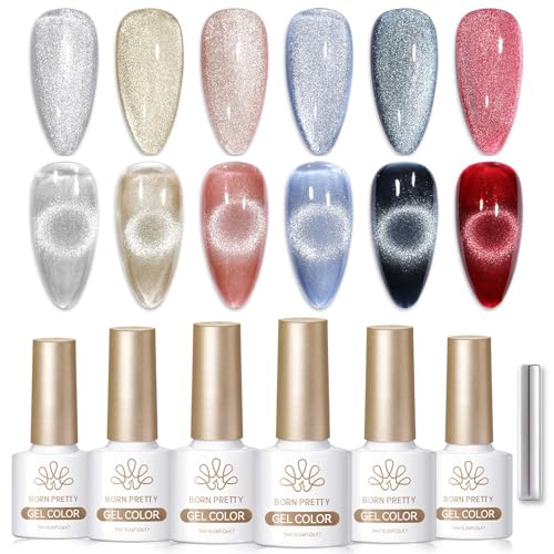 BORN PRETTY Cat Magnetic Eye Gel Nail Polish Set 6 Colors Shimmer Glitter Gel Polish with Magnet Sparkle Iridescent Colours Soak off U V LED Manicure Salon DIY Gift For Women