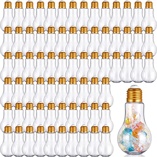 Juexica 108 Pieces Plastic Fillable Light Bulb Ornaments for Party Gift Favors Bulk Small Candy Containers Decorative Jars with Gold Lids for Crafts Clear Lightbulb Drink Cups 100 ml