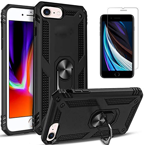 iPod Touch Case, iPod Touch 7th Generation Case, iPod Touch 6/5 Case, With [Tempered Glass Protector Included] STARSHOP- Military Grade Shockproof Cover With Rotating Ring Holder Kickstand- Black