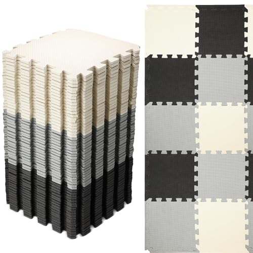 Image of Nuanchu 60 PCS Kids Foam Puzzle Floor Mat Bulk - Solid Color Foam Play Mat with Borders Interlocking Multi Use Floor Rug for Children, 12 Inch(Black, White, Gray)