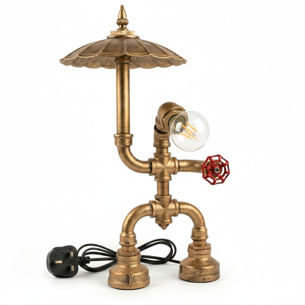 Industrial Retro Steampunk Rustic Robot Style Table Lamp, Vintage Metal E27 Bedside Desk Light, Water Pipe Desk Lamp for Bedroom, Office, Nightstand, Bar, Café (Robot Style with Shade Brushed Copper)