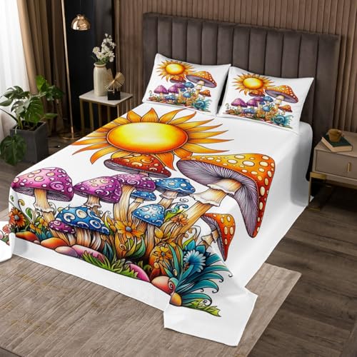Erosebridal Boho Mushroom Bedspread Sets King Size,Colorful Mushroom Coverlet Sets Jungle Fungus Plants Quilt Set for Kids Boys Girls Teen,Sun Pattern Botanical Flowers Bed Set