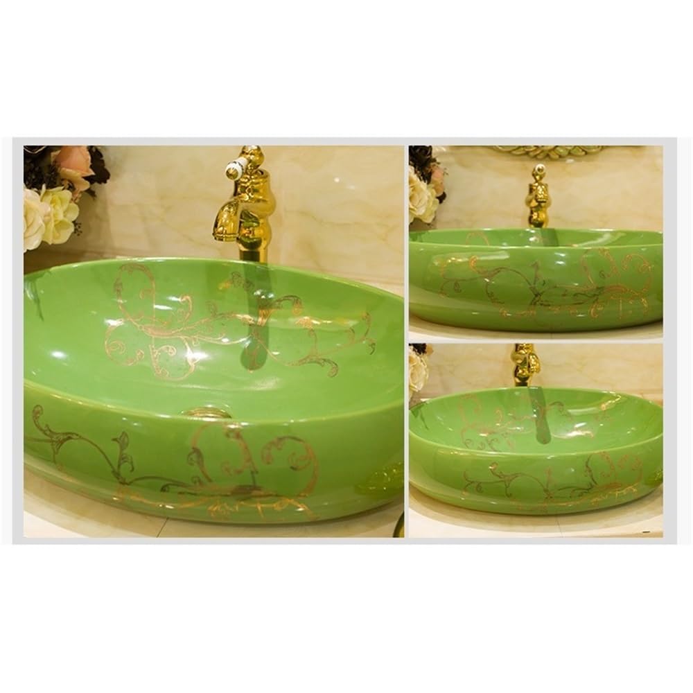 Zlewozmywak naczyniowy Ceramiczna umywalka łazienkowa nablatowa, artystyczna owalna(Green)